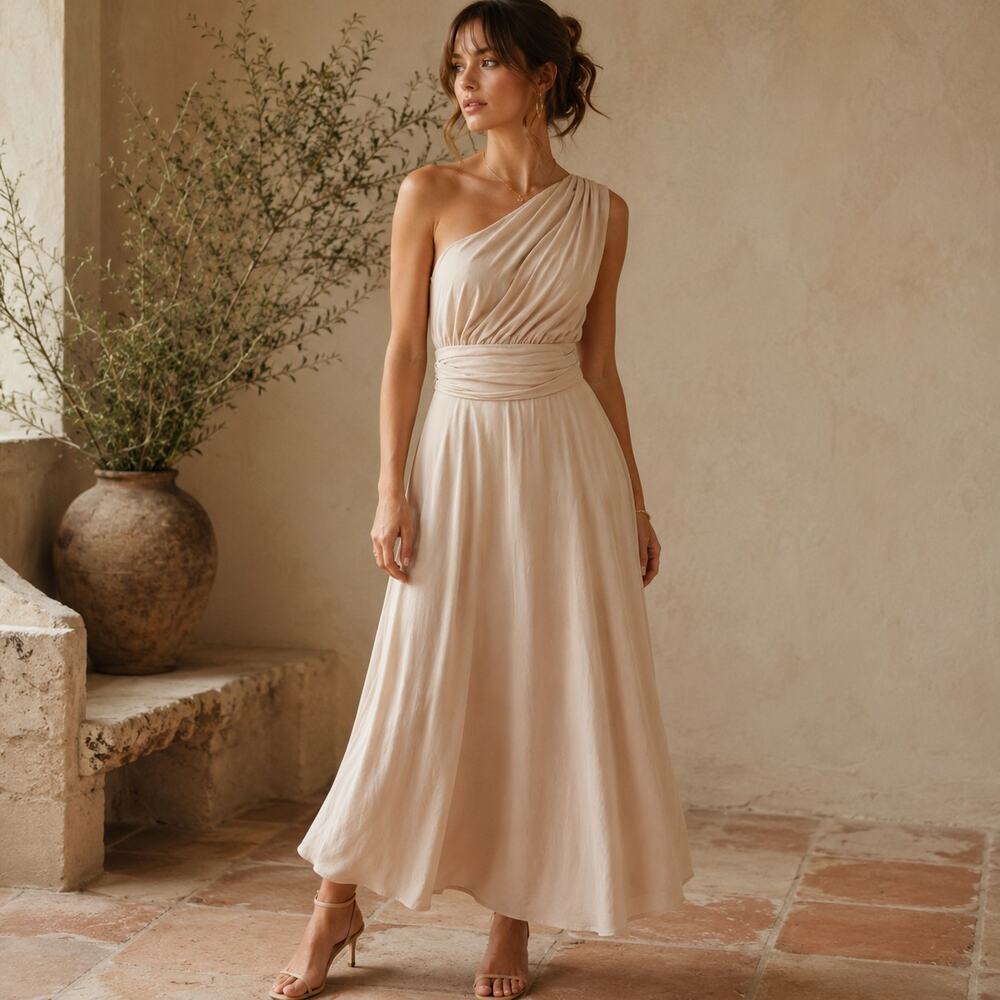 Faeriesty Gown Womens L Champagne One Shoulder Maxi Dress Grecian Formal